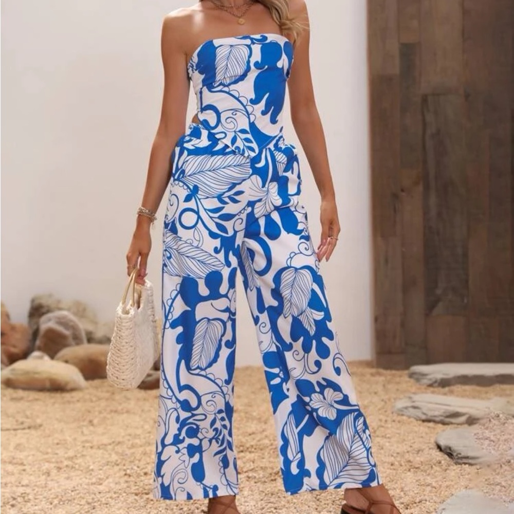 Tropical Tube Top and Wide Leg Pant Set